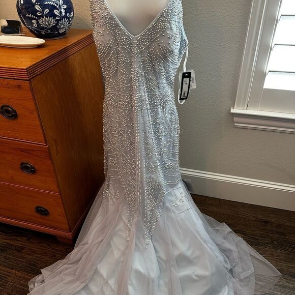 NWT Xscape Grey Blue Embellished Tulle Gown - Picture 6 of 13